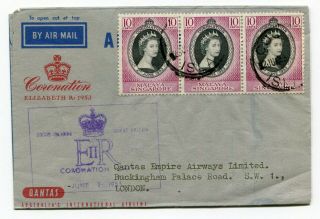 Dh - Malaya Singapore 1953 Qeii Coronation Airmail - Qantas Ffc Air Letter To Uk