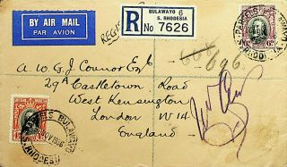 Southern Rhodesia 1936 Bulawayo Regd 2v On Airmail Cover To England