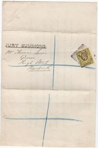 1904 Narberth Squared Circle Jury Summons Letter 3d Stamp Registered Thos Lewis