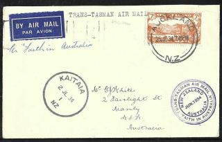 Zealand 1934 Trans - Tasman Flight Cover Auckland - Kaitaia - Sydney