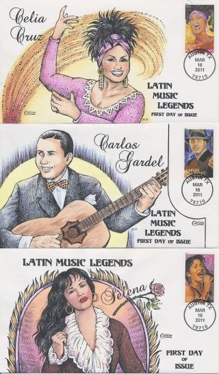 4497 - 501 Latin Music Legends Set Of 5 Hand Painted Fred Collins Cachet First Da