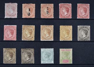 Turks Islands,  Fourteen (14) Victorian Stamps For Identification,  Mm / Mng.