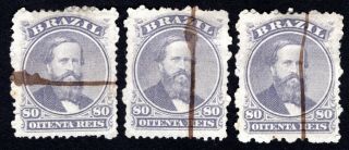 Brazil 1866 Group Of 3 Stamps Mi 26 Cancel.  By Feather Cv=30€