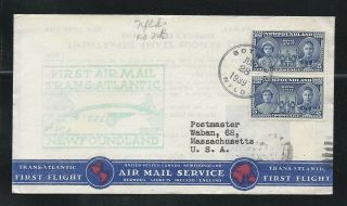 Canada 1939 First Flight Cover Botwood To Shediac And Waban Massachusetts