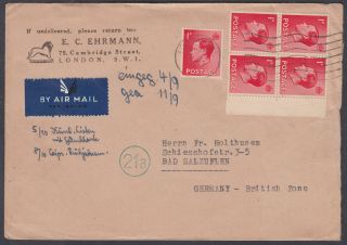 1947 Keviii 1d Scarlet Block,  1d Late Usage,  E.  C.  Ehrmann,  British Zone,  Germany