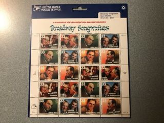 Us Postage Stamps.  Legends Of American Music - Broadway Song Writers.  Full Sheet.  Mnh