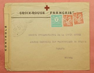Amg Issue On 1945 France Red Cross To Switzerland Wwii Censored
