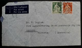 Rare 1938 Switzerland Cover Ties 2 Helvetia Stamps Canc Geneva To Australia