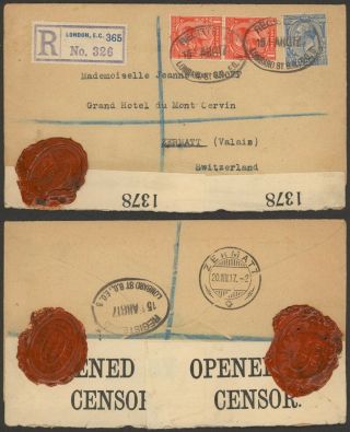 Gb Wwii 1917 - Registered Cover To Zermatt Switzerland - Censor D102