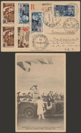 Oubangui Chari Wwii 1943 - Registered Postcard To Madagascar - Censor V236