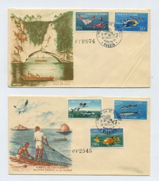 Colombia 2 Fdc Scott 760 - 61 & C481 - 3 August 25,  1966 Fish
