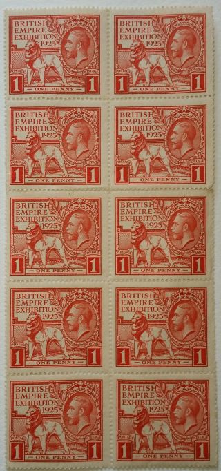 Gb Kgv Sg 432 1925 British Empire Exhibition 1d Block Of 10 Never Hinged