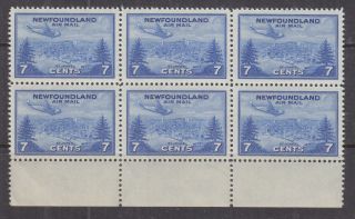 Newfoundland,  1943 Air,  7c.  Blue,  Marginal Block Of 6,  Mnh.
