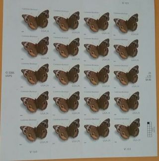 U.  S.  Postage Common Buckeye,  Sheet Of Twenty,  24c Stamps.  Sc 4oo1,  2006