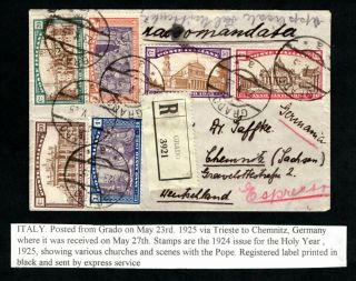 Italy - 1925 Registered Express Cover To Germany With 1924 Holy Year Set
