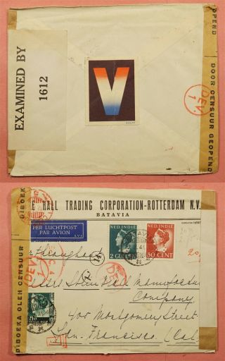 Dutch East Indies V For Victory Label 1941 Batavia Airmail To Usa Wwii Censor