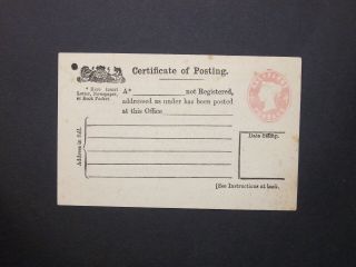 Gb Postal Stationery 1881 Qv 1/2d Pink Embossed Certificate Of Posting H&b Cpp3