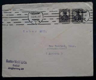 Rare 1919 Germany Cover Ties 2 X 15 Pfg Stamps Canc Crefeld To Usa