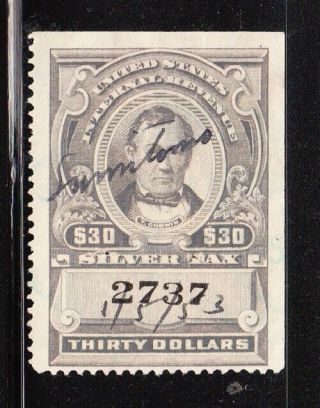 Us Bob Revenue Silver Tax $30 Stamp Rg127 Staple Holes
