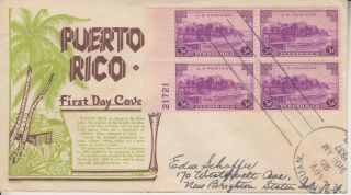 1937 801 Puerto Rico Territory Plate Block Fdc W/ Washington Stamp Exch.  Cachet