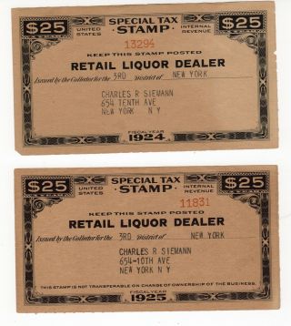Special Tax Stamps - - 1924 & 1925 (2) Prohibition Era Retail Liquor Dealers