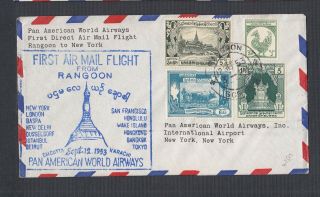 Burma 1953 Pan - Am Airways First Flight Cover Ffc Rangoon To York Usa