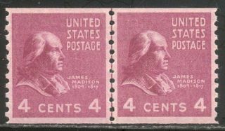 U.  S.  843 Choice Xf Nh Line Pair - 1939 4c Red Violet Coil