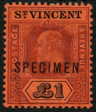 St Vincent Sg 93s 1904 1911 £1 Purple & Black Red Ovpt Specimen Mounted