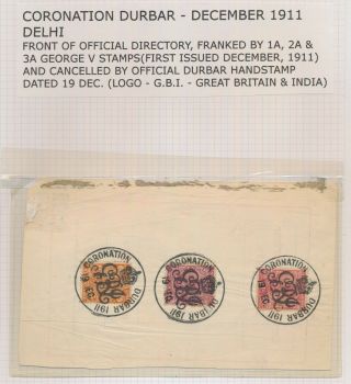 India Stamps 1911 Kgv Coronation Durbar Directory (front Only) G.  B.  I 1a,  2a,  3a