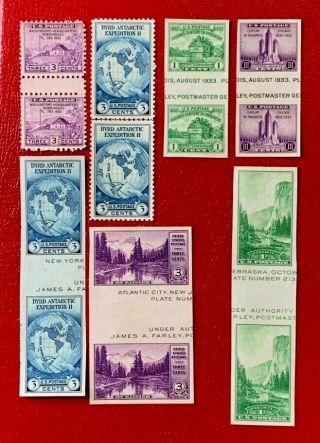 1935 Us Stamps 752 753 766 767 768 769 770 Hori Gutter Pairs