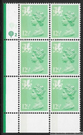 Gb/wales 1971/98 12Â½p Plate Block,  Sg Xwl5/w37a,  Plate 2,  2.  Mnh