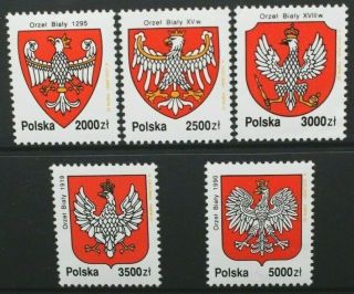 Poland 1992 History Of State Arms: The White Eagle.  Set Of 5.  Mnh.  Sg3447/3451.