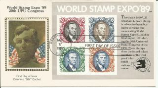 2433 90c X 4 World Stamp Expo Lincoln Souvenir Sheet Fdc - Colorano Silk Cachet