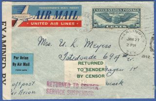 W645 - Us 1942 Wwii Airmail Censored Cover To Denmark,  Service Suspended,  Sc C24
