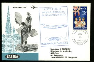 Postal History Philippines 1005 Air Flight Sabena 1970 Manila Brussels Belgium