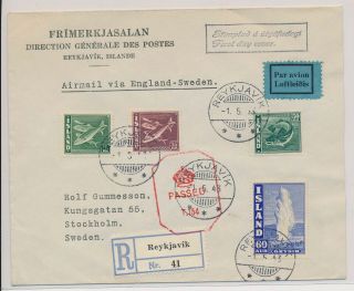 Lk81087 Iceland To Sweden 1943 Censor Airmail Registered Cover