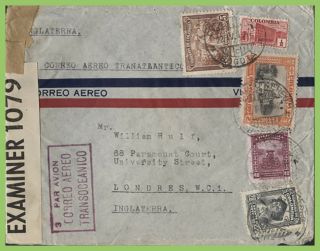 Columbia 1942 Multifranked Airmail Censored Cover To England