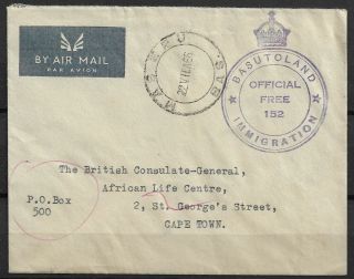 Basutoland 1966 Official 152 Immigration Crown Cns Capetown Airmail Cover Scarce