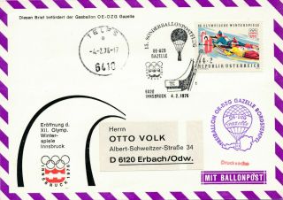 1976 Winter Olympics Innsbruck,  Special Balloon Post Flight Cover.