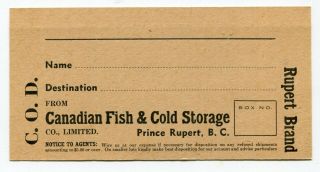 Canada Bc British Columbia - Prince Rupert - Fish Cold Storage - Cod Tag