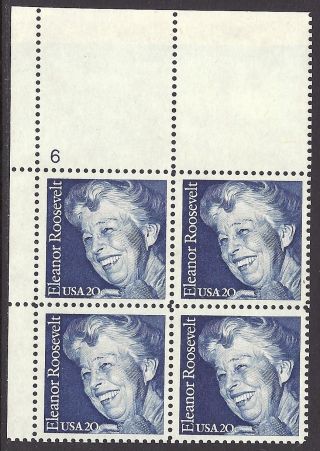 2105 Plate Block 20cent Eleanor Roosevelt Fdr Husband First Lady Social Causes