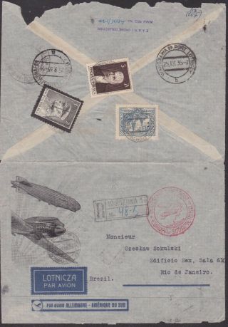 Poland 1935 Zeppelin Cover To Brazil Opened