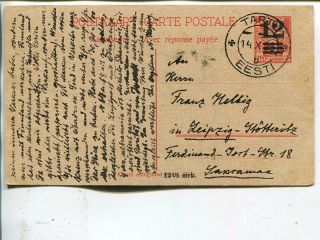 Estonia 12/9 Mk First Half Of Double Postal Card To Germany 1926