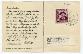Spanish Andorra 1958 Dear Doctor Abbott - Postcard To Vancouver Bc Canada