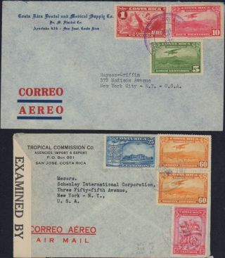 Costa Rica 1941 Airmail Cover Usa Censored Lot X 2 University Torch Flag Plane