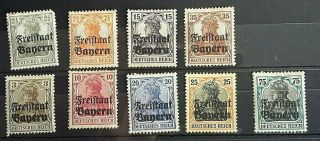 Germany Stamps Optd Freistaat Bayern.  Min T/hinged.  Dated 1919
