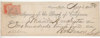 1868 Bank Of California Check With 2 Cent Nevada Revenue Stamp Virginia City Nv