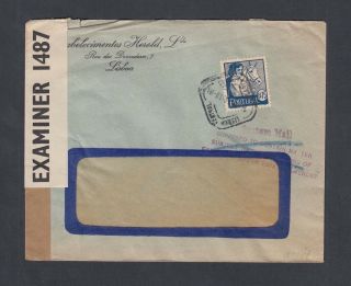 Portugal 1940s Wwii Censored Cover Lisbon To Usa American Customs Handstamp