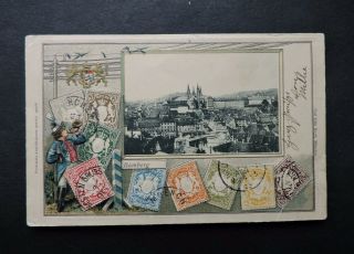 1905 Bavaria Embossed Stamps Postcard,  10pf Bamberg Us Hakcensack Nj Flag