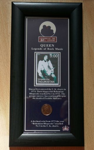 Queen Brian May Framed Tajikistan Stamp And Uk 1p Coin Set Music Band